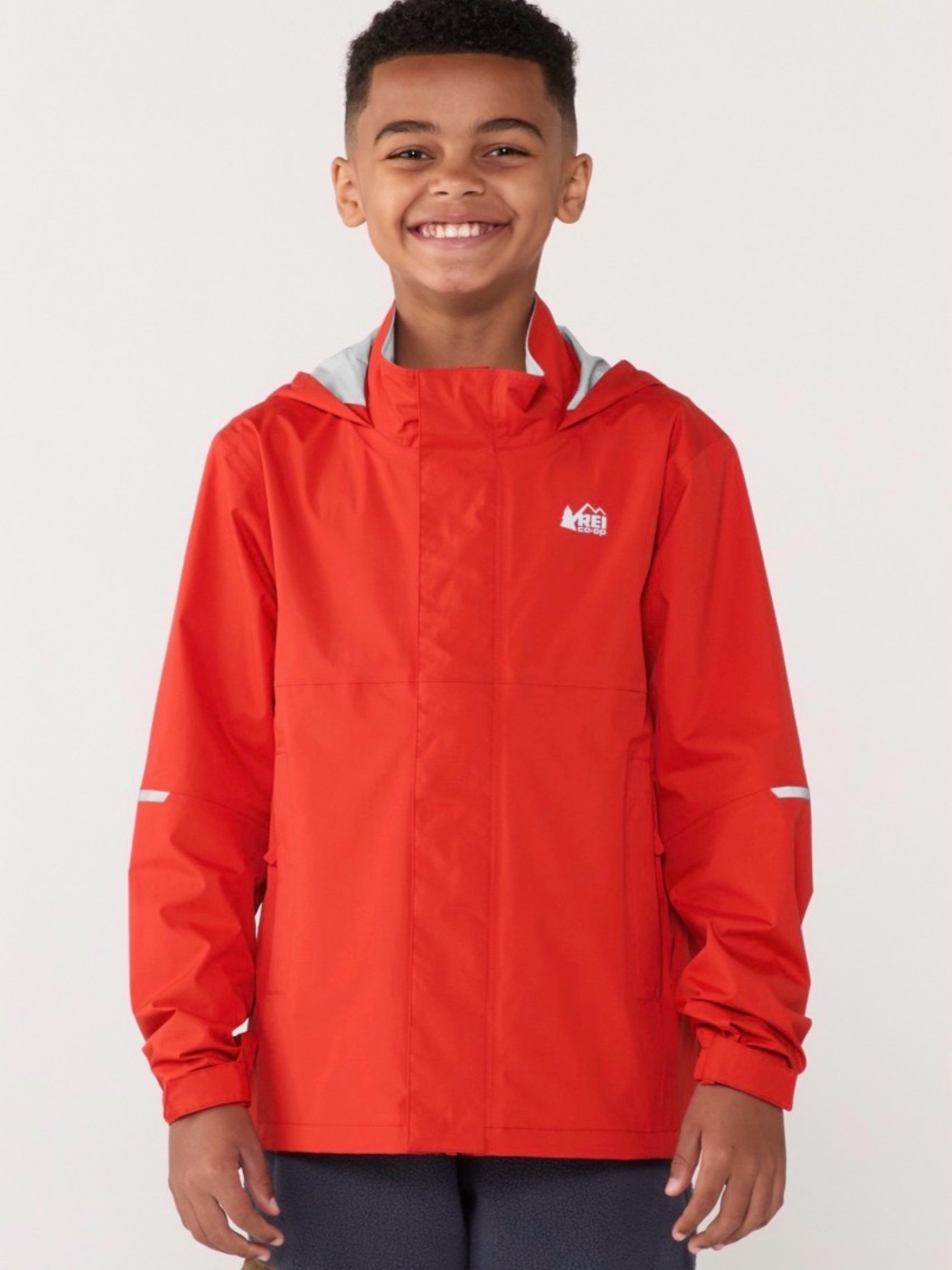 REI Kids Red Hooded Rain Jacket with Reflective Sleeve Stripes